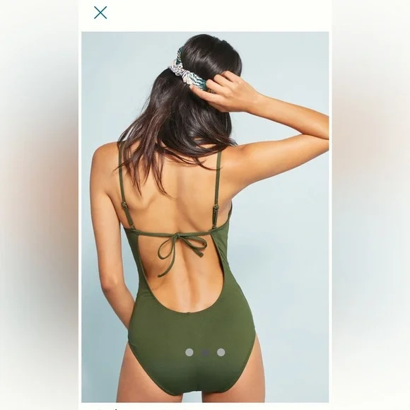BECCA Siren Olive Green One Piece Swimsuit. Cute Circular Cutouts, Tie Back. - Picture 3 of 16